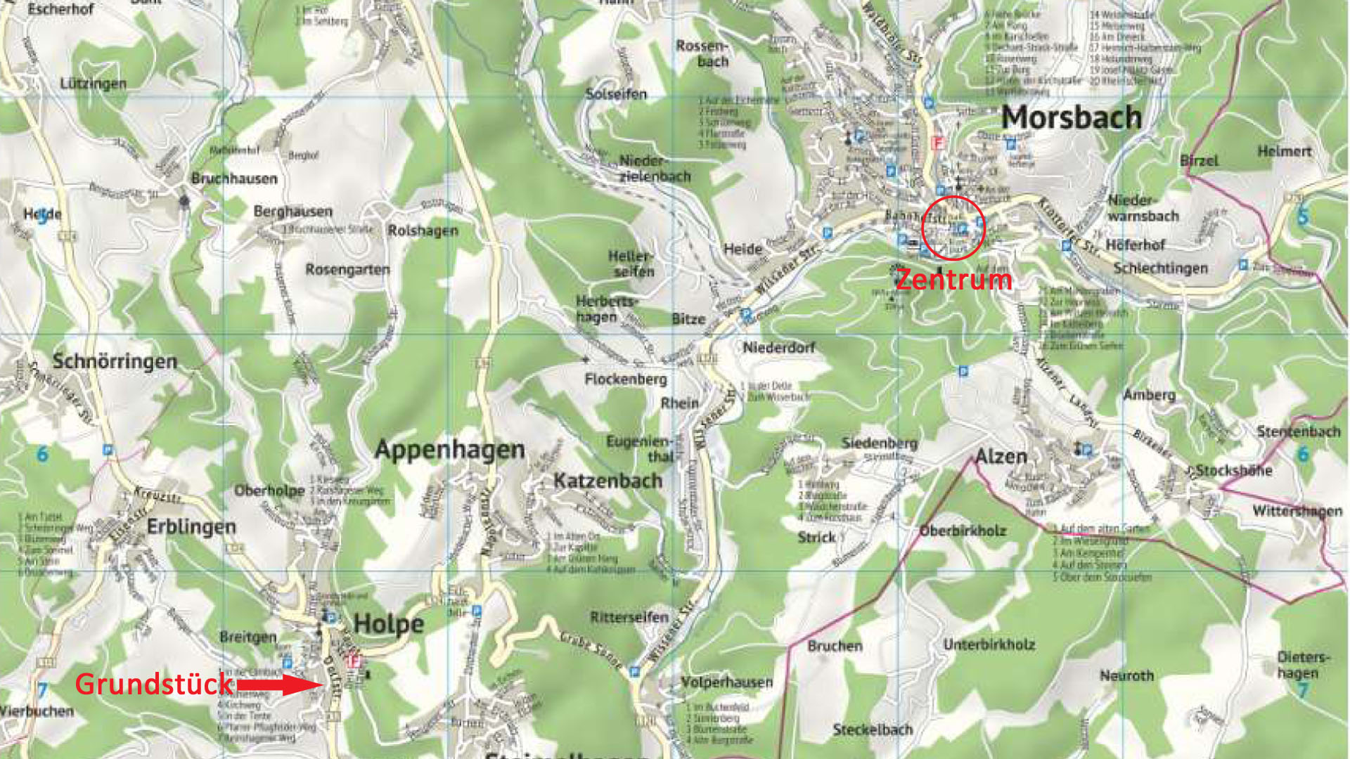 Morsbach-Holpe: Preiswertes, sofort bebaubares Baugrundstück in herrlicher Naturlage, Ortskarte