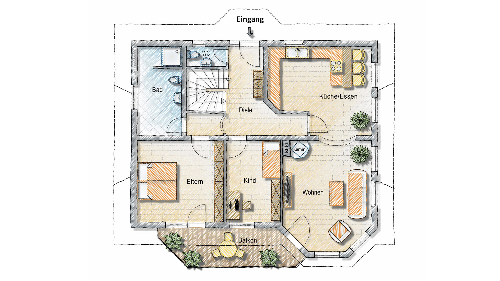 Katzwinkel: Modernes Wohnhaus mit Pool, Solar- und Photovoltaikanlage, Grundriss - Erdgeschoss