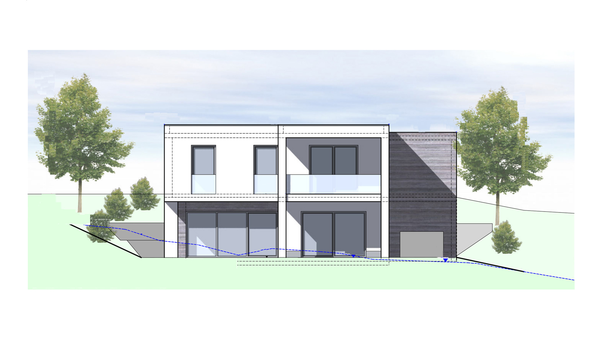 Morsbach: Baugrundstück mit genehmigtem Bungalow, Rückseite Planung (Ansicht Süd-West)