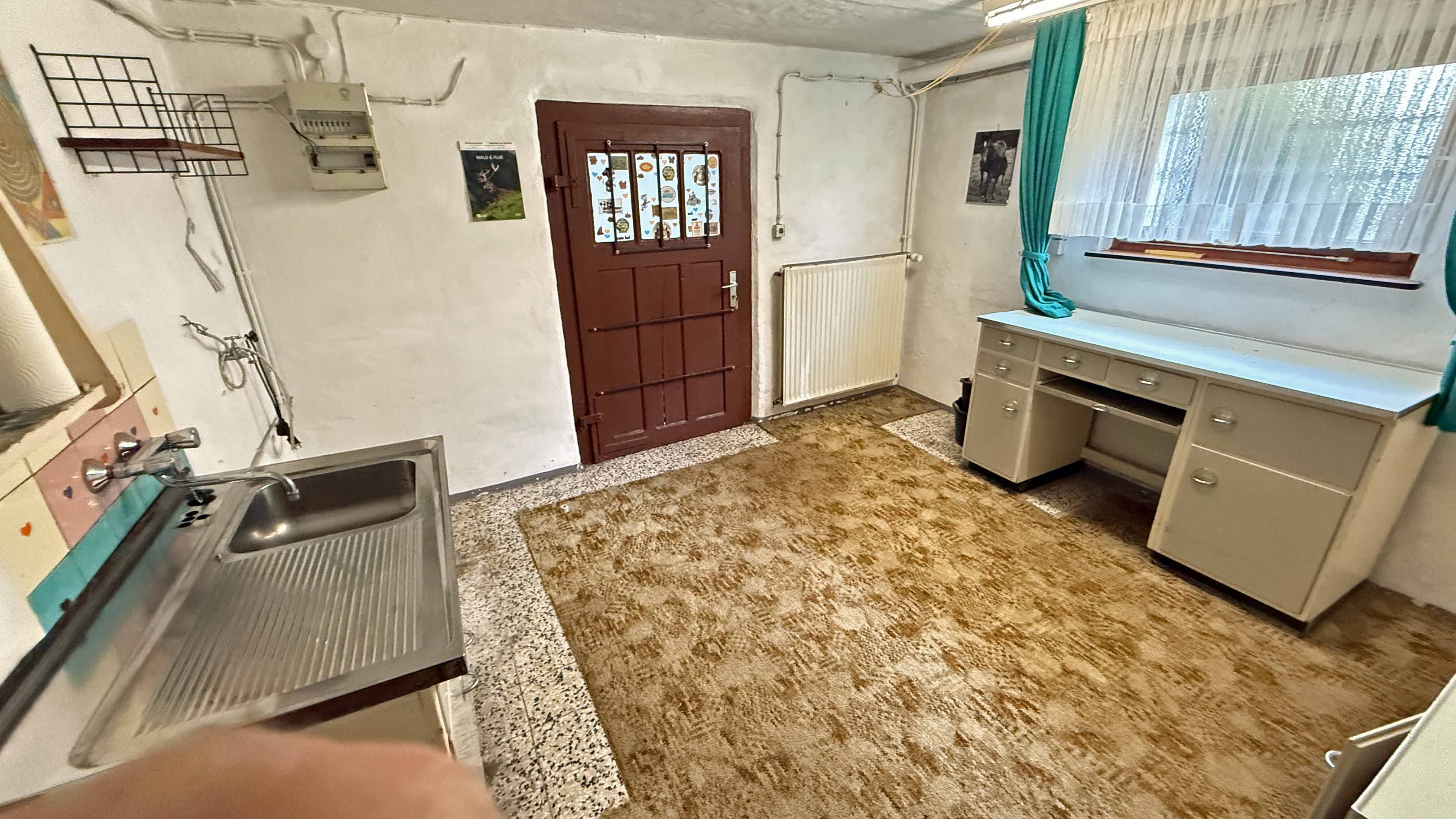 Wissen: Älteres EFH mit Garten, Garage und Dachterrasse, ebenerdig begehbarer Keller; hier: Waschküche